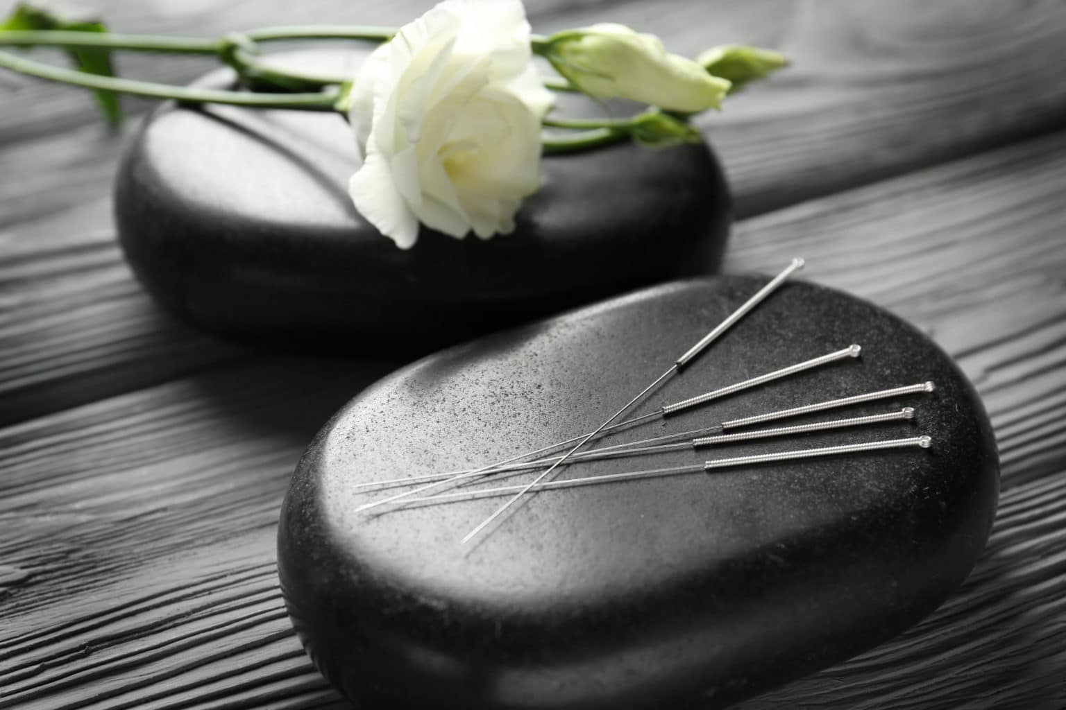Aiguilles d'acupuncture fines posées sur un galet de soin